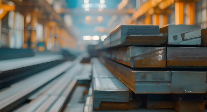 Steel materials in an industrial warehouse for construction and manufacturing purposes. Concept Steel Beams, Industrial Warehouse, Construction Materials, Manufacturing Industry, Steel Fabrication