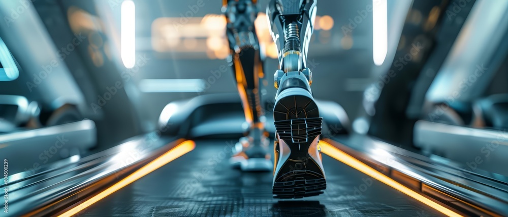 Poster a robot is running on a treadmill. the robot is wearing a pair of high-tech shoes. the treadmill is 