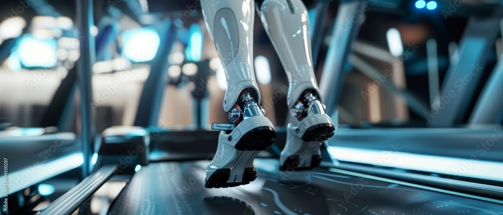 Poster a sleek and advanced robot is running on a treadmill in a futuristic gym