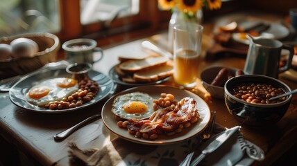 Classic English breakfast served on a rustic wooden table.