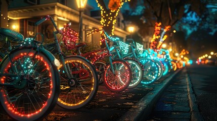Enchanting Cinematic Lighting: A Stunning Display of Decorated Bicycles Lined Up for a Nighttime Event