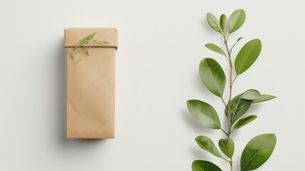 Eco-friendly packaging concept with green leaves.