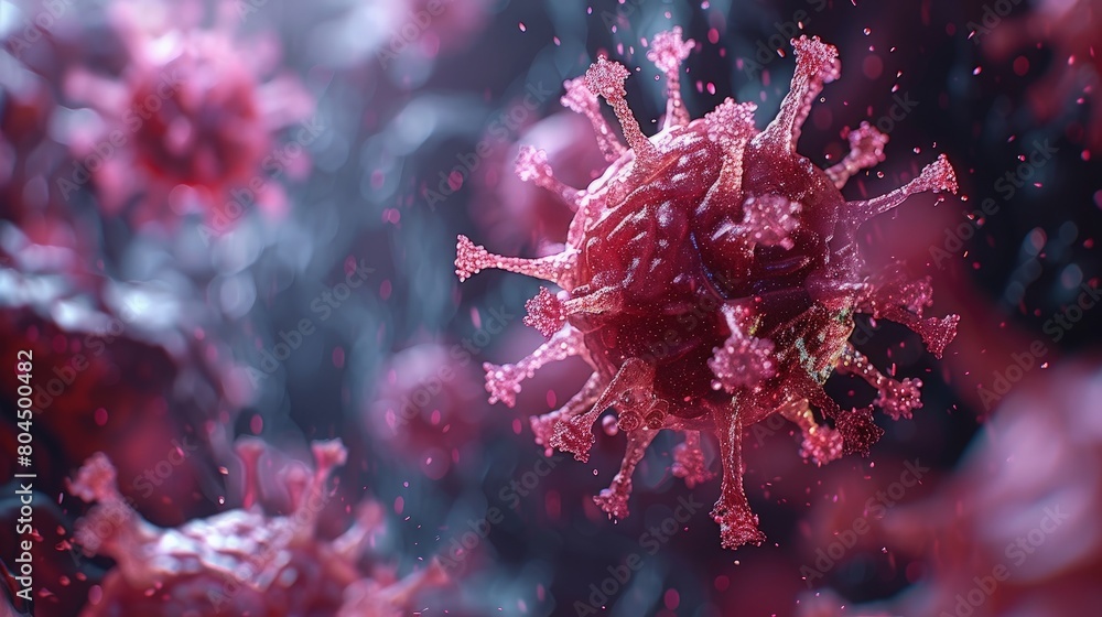 Aufkleber animation of a single virus particle infecting a cell, detailed visual under a digital microscope. p