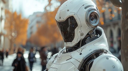 AI-driven performance art in public space, robotic figures, curious onlookers. Photorealistic. HD.