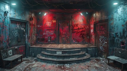 Amphitheater with backstage walls covered in signatures and graffiti from performers â€“...