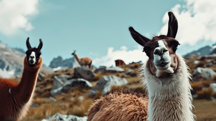 Fototapeta premium Llamas grazing in mountain pasture, close up, soft fur and curious eyes, high altitude setting