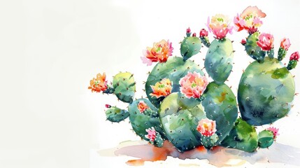 A watercolor painting of a prickly pear cactus with pink flowers. The cactus is in the foreground and the flowers are in the background.