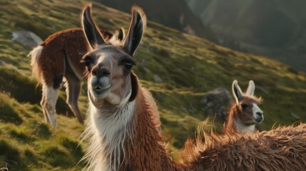 Fototapeta premium Llamas grazing in mountain pasture, close up, soft fur and curious eyes, high altitude setting 