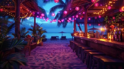 Beach bar party with live music, energetic, dancing, colorful lights, tropical night. Photorealistic. HD.