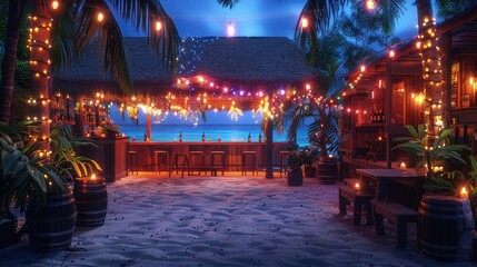Beach bar party with live music, energetic, dancing, colorful lights, tropical night. Photorealistic. HD.