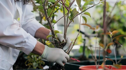 Plant biologist grafting trees in research greenhouse, close up, focus on hands and graft, improving species - obrazy, fototapety, plakaty