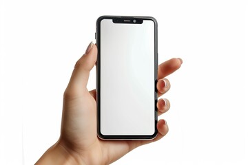A hand holds a blank smartphone, illustrating modern communication technology against a white background.