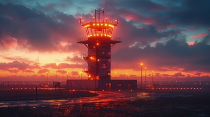 Blinking lights on a control tower in an industrial park. Photorealistic. HD.