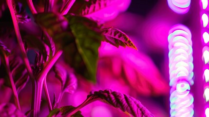 LED lighting on vertical farm plants, close up, focus on light spectrum and leaf textures -