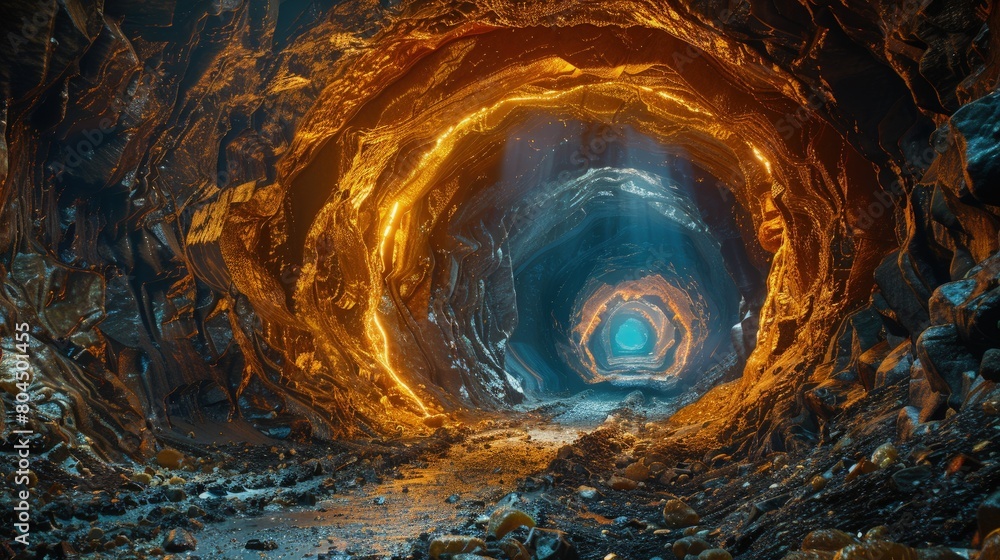 Poster cave explorers mapping new tunnels created by ancient lava flows. photorealistic. hd.