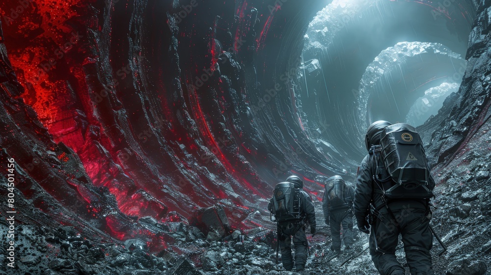 Poster cave explorers mapping new tunnels created by ancient lava flows. photorealistic. hd.