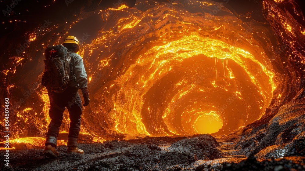 Poster Cave explorers mapping new tunnels created by ancient lava flows. Photorealistic. HD.