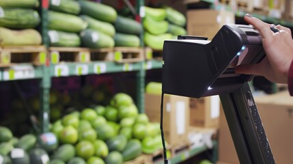 Warehouse logistics in agribusiness, close up on barcode scanner tracking produce boxes, efficient distribution 