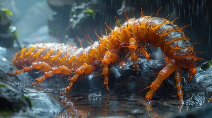 Centipede in a damp cave, creepy crawler, ambient light. Photorealistic. HD. - obrazy, fototapety, plakaty