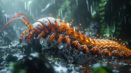 Centipede in a damp cave, creepy crawler, ambient light. Photorealistic. HD.