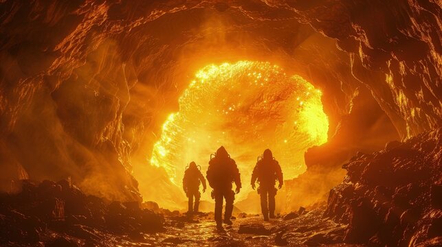 Cave explorers mapping new tunnels created by ancient lava flows. Photorealistic. HD.