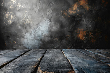  A wooden table with an empty background and stormy sky. Created with Ai
