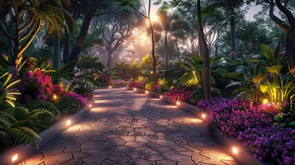 Obraz premium City botanical garden with night lighting, paths inviting â€“ Garden lights. Photorealistic. HD.