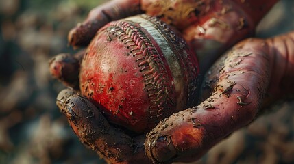 Close-up of a cricket ball in hand, game focus, leather stitching detail . Photorealistic. HD.
