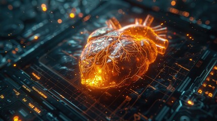 Close-up of a digital display of an echocardiogram depicting a beating heart. Photorealistic. HD.