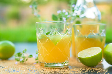 Beautiful Cocktail mojito in front of blurred  natural green background