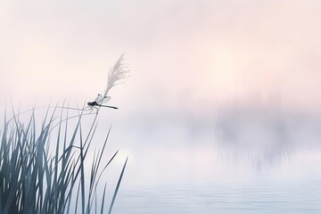 Obraz premium A serene still of a dragonfly perched on a reed by a foggy lake at dawn, rule of thirds, soft pastel colors, high detail, surrealistic style