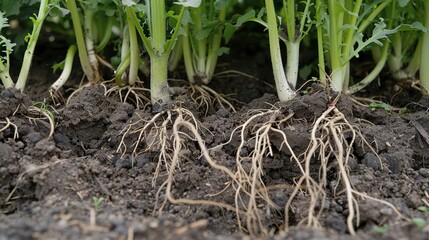 Cover crops growing to improve soil structure, close up on roots in soil, natural soil enhancement