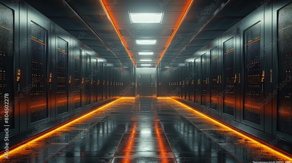 Poster data centers implementing strict environmental controls to maintain operational integrity. photoreal