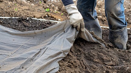 Soil erosion control with geotextiles, close up, fabric being laid down, protecting topsoil 