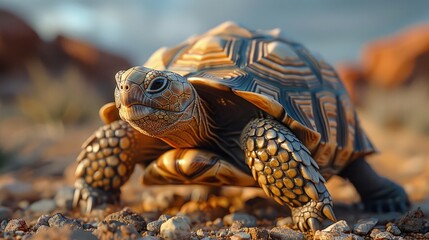 Naklejka premium Desert tortoise in arid landscape, slow movement, enduring. Photorealistic. HD.