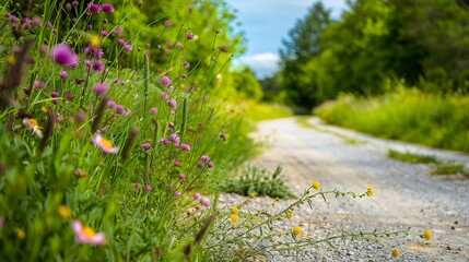Country road with wildflowers, close up, focus on blooms against gravel path, tranquil day