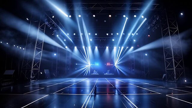 Empty concert stage with vibrant blue lights and spotlights

