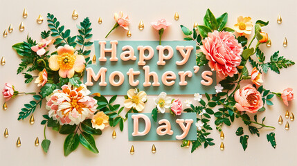 Happy Mother's Day adorned with elegant blooms, verdant foliage, and shimmering gold drops on a pale vanilla background.