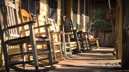 Country store front porch with rocking chairs, close up, invitation to sit and relax, sunny afternoon 