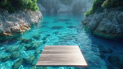 Diving board over pool, anticipation, high dive, clear blue water . Photorealistic. HD.
