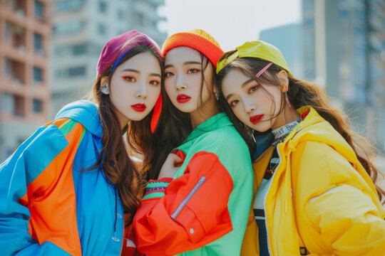 Three stylish young asian women posing confidently outdoors, embodying the vibrant and colorful fashion associated with the k-pop music genre, set against a modern cityscape