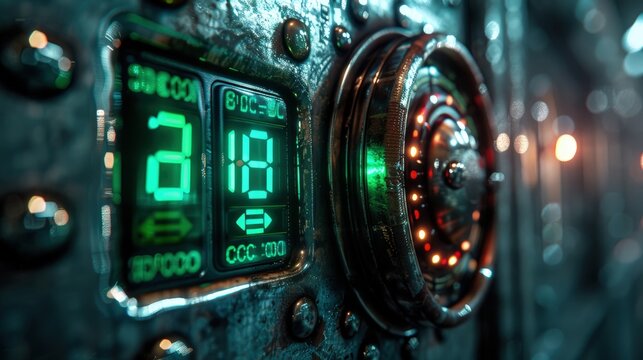 Digital security keypad on a vault, green light, access granted. Photorealistic. HD.