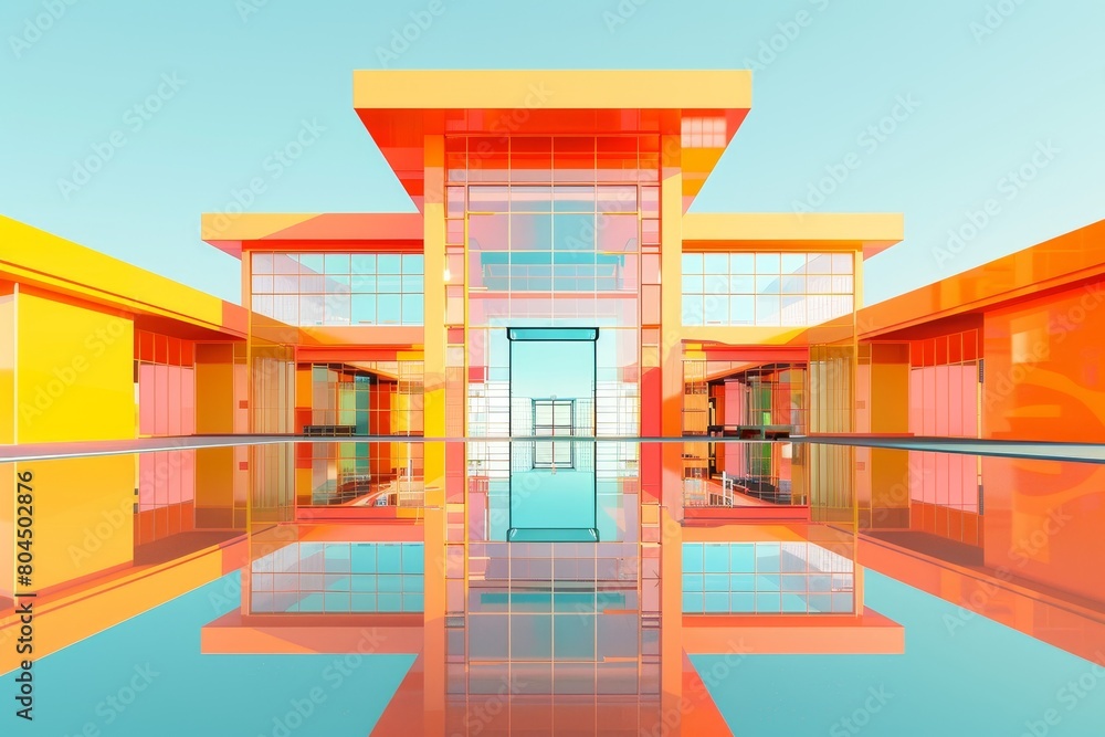 Poster a large orange building with a pool in front of it