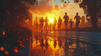 Fototapeta premium Early morning marathon start line, runners stretching, anticipation, city backdrop . Photorealistic. HD.
