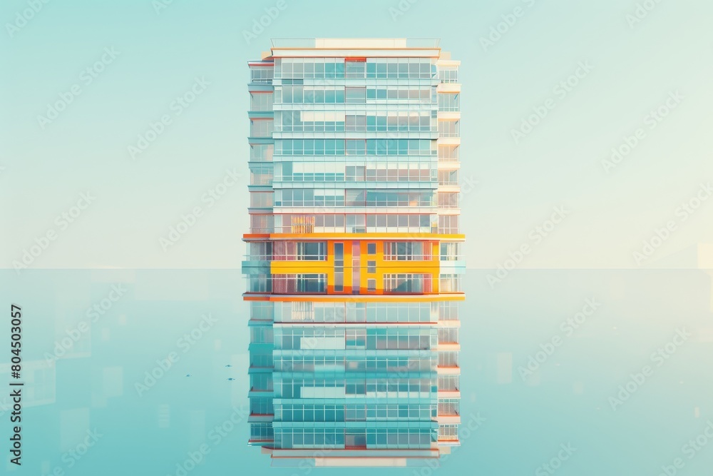 Poster a large modern building with a pool in front of it