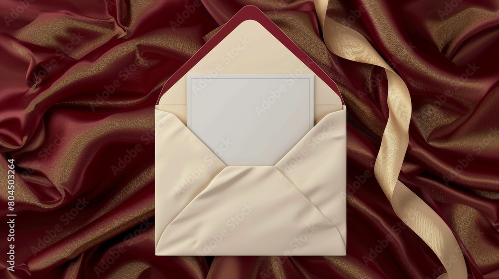 Aufkleber a greeting card or letter on a luxurious background with gold ribbons and red silk fabrics. 3d mocku