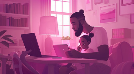 Father with daughter playing at home with laptop