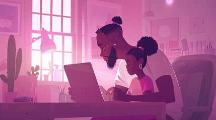 Father with daughter playing at home with laptop