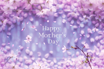 Happy Mother's Day on a soft lilac abstract festive background with floating cherry blossoms and a rectangular frame.