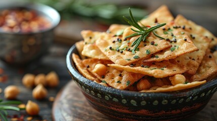 Gluten-free snack, chickpea crisps, savory and satisfying. Photorealistic. HD.